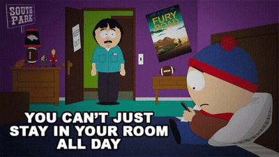 A Poster For South Park Shows Stan Sitting In Bed GIF
