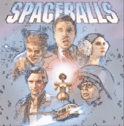 A Poster For Spaceballs Shows A Group Of People And A Bus GIF