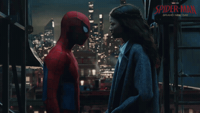 A Poster For Spider-Man Brand New Day Shows A Man And A Woman Looking At Each Other GIF