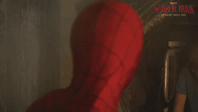 A Poster For Spider-Man Grand New Day Shows A Close Up Of The Face Of Spider-Man GIF