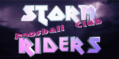 A Poster For Storm Club Foosball Riders With A Dark Sky In The Background GIF