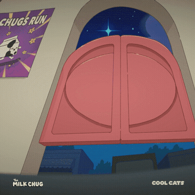 A Poster For The Chugs Run Hangs On A Wall Next To A Pink Door GIF