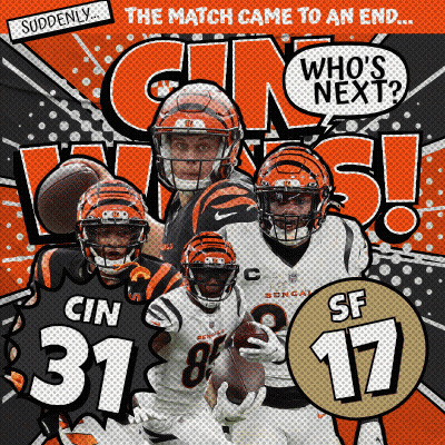 A Poster For The Cincinnati Bengals Football Team Shows Players Cin 31 And Sf 17 GIF