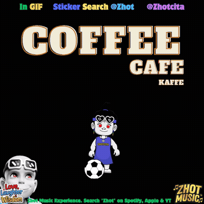 A Poster For The Coffee Cafe With A Cartoon Character On It GIF