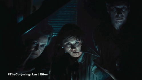 A Poster For The Conjuring Last Rites With A Group Of People Screaming GIF