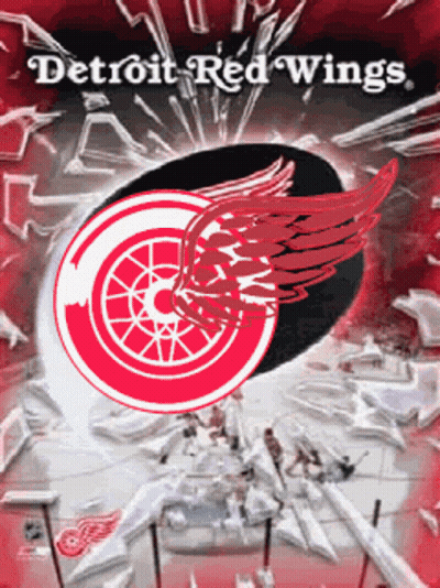A Poster For The Detroit Red Wings Shows A Hockey Puck With Wings GIF