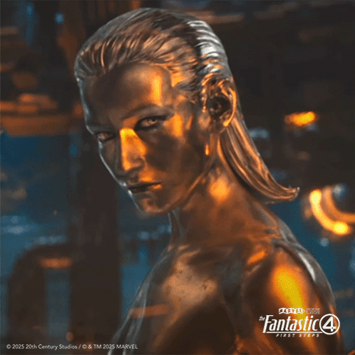 A Poster For The Fantastic 4 First Steps Shows A Statue Of A Woman GIF