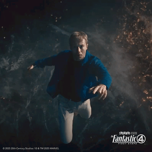 A Poster For The Fantastic Four First Steps Shows A Man In A Blue Shirt GIF