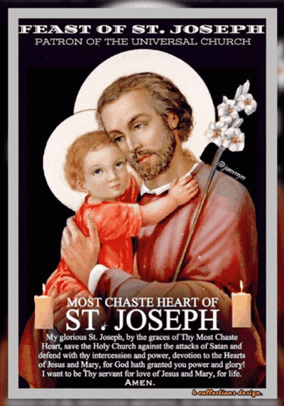 A Poster For The Feast Of St. Joseph Patron Of The Universal Church Shows A Man Holding A Child GIF