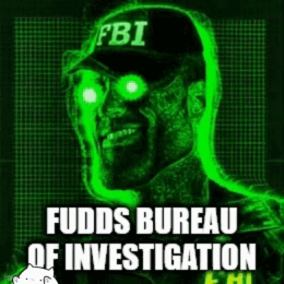 A Poster For The Fudds Bureau Of Investigation With A Man Wearing A Fbi Hat GIF