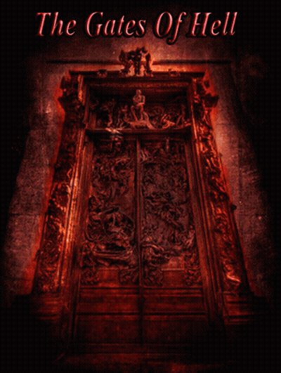 A Poster For The Gates Of Hell Shows A Doorway With Flames Coming Out GIF