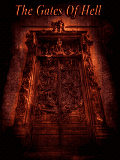 A Poster For The Gates Of Hell With A Statue Of A Woman GIF