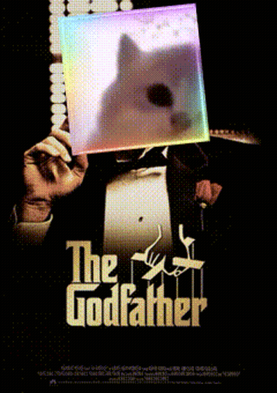 A Poster For The Godfather Shows A Man In A Tuxedo Holding A Rainbow Colored Box GIF