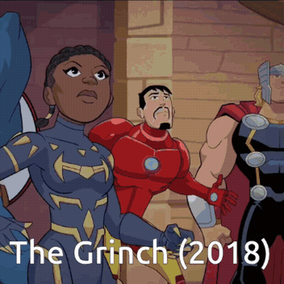 A Poster For The Grinch Shows A Group Of Superheros Standing Next To Each Other GIF