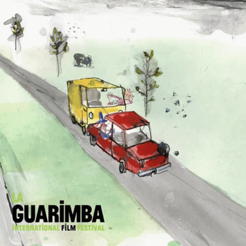 A Poster For The Guarimba International Film Festival Showing A Red Car And A Yellow Truck GIF