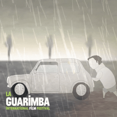 A Poster For The Guarimba International Film Festival Shows A Man Pushing A Car GIF
