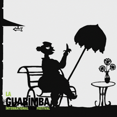 A Poster For The Guarimba International Film Festival Shows A Woman Sitting Under An Umbrella GIF