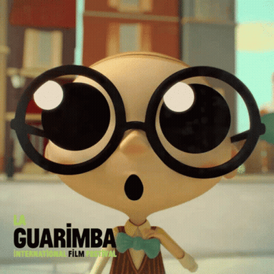 A Poster For The Guarimba International Film Festival With A Cartoon Character Wearing Glasses GIF