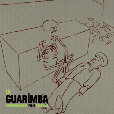 A Poster For The Guarimba International Film Festival With A Drawing Of A Skeleton GIF