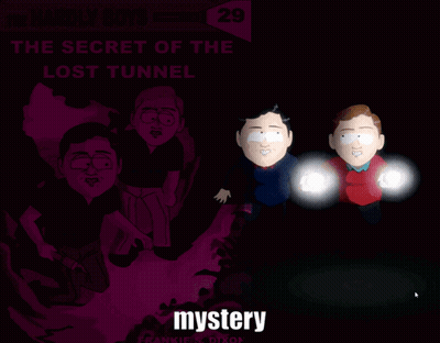 A Poster For The Hardly Boys Shows Two Cartoon Characters Holding Lights GIF