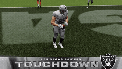 A Poster For The Las Vegas Raiders Touchdown With A Football Player On The Field GIF