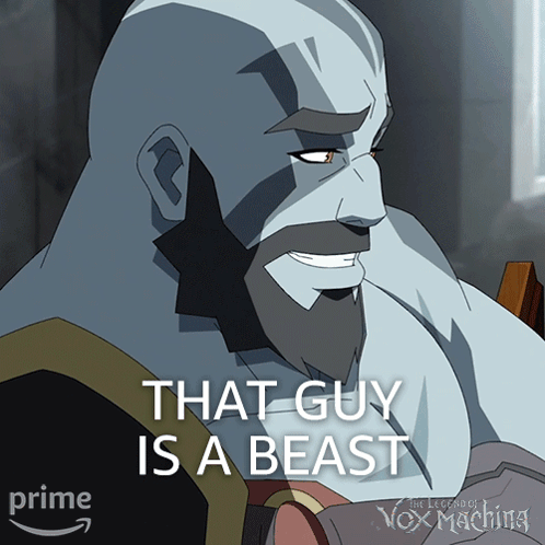 A Poster For The Legends Of Vox Machina Shows A Man With A Beard And The Caption That Guy Is A Beast GIF
