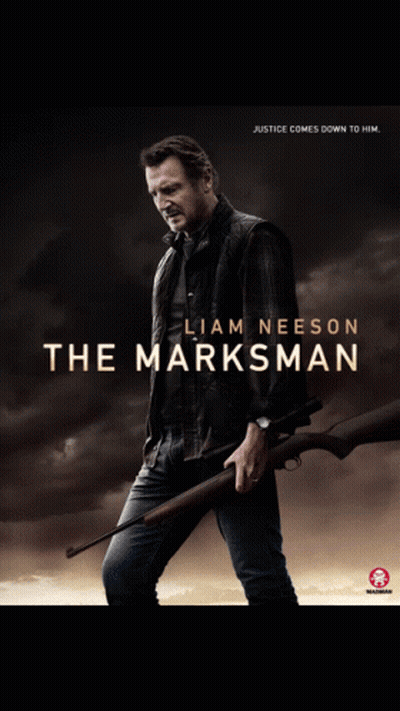A Poster For The Marksman Shows A Man Holding A Gun GIF