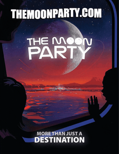 A Poster For The Moon Party Shows Two People Looking Out Of A Window At The Moon GIF
