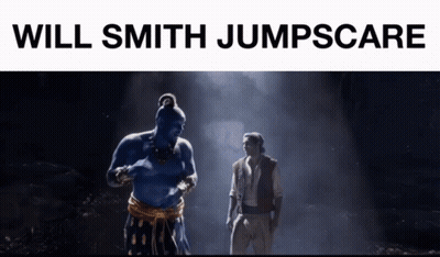 A Poster For The Movie Aladdin With A Blue Genie And A Man GIF