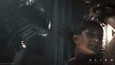 A Poster For The Movie Alien Romulus Shows A Man Being Attacked By An Alien GIF