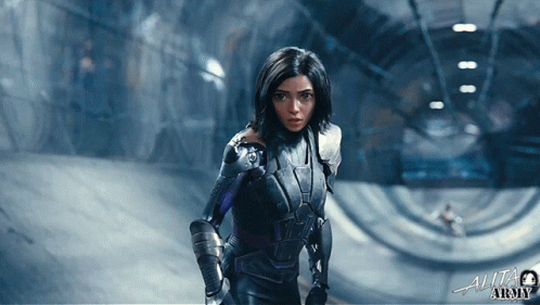 A Poster For The Movie Alita Army Shows A Woman In Armor GIF