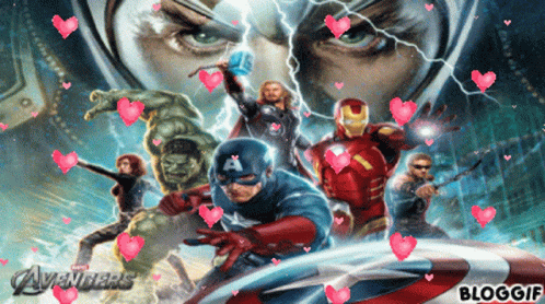 A Poster For The Movie Avengers With Hearts Around It GIF