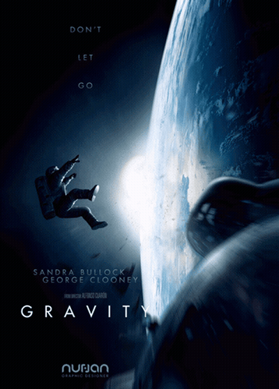 A Poster For The Movie Gravity With Sandra Bullock And George Clooney On It GIF