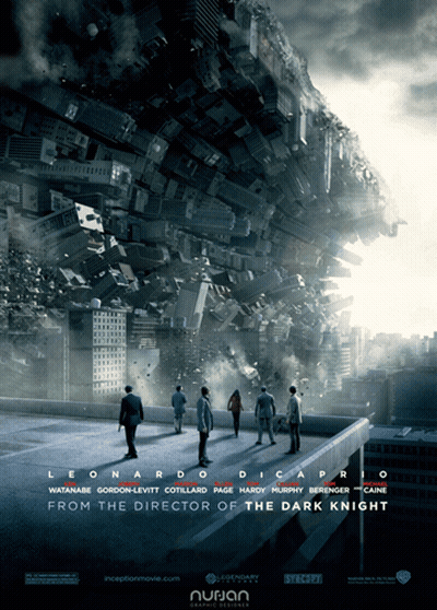 A Poster For The Movie Inception Shows A Group Of People Standing On Top Of A Building GIF