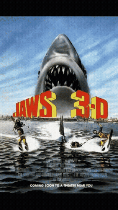 A Poster For The Movie Jaws 3D Shows A Shark Coming Out Of The Water GIF