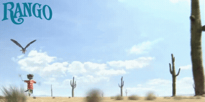 A Poster For The Movie Rango Shows A Man Flying Through The Air GIF