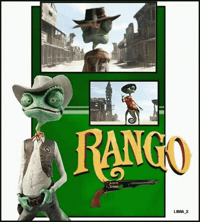 A Poster For The Movie Rango With A Lizard In A Cowboy Outfit GIF