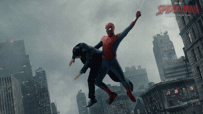 A Poster For The Movie Spider-Man Shows A Man Being Thrown In The Air GIF