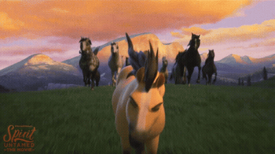 A Poster For The Movie Spirit Untamed Shows A Herd Of Horses Running In A Grassy Field GIF