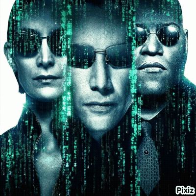 A Poster For The Movie The Matrix Shows A Woman A Man And A Woman Wearing Sunglasses GIF