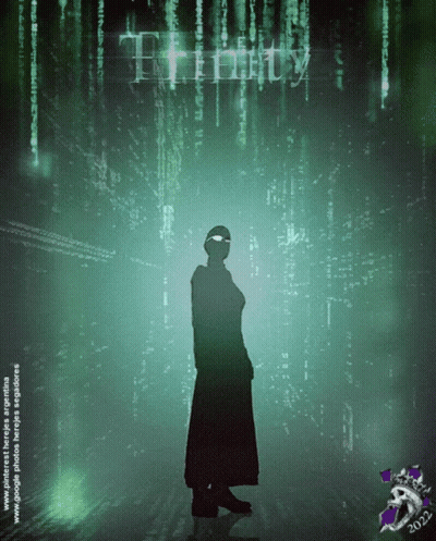 A Poster For The Movie Trinity With A Silhouette Of A Man GIF