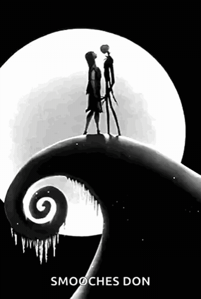 A Poster For The Nightmare Before Christmas Shows Jack And Sally Kissing In Front Of The Moon . GIF