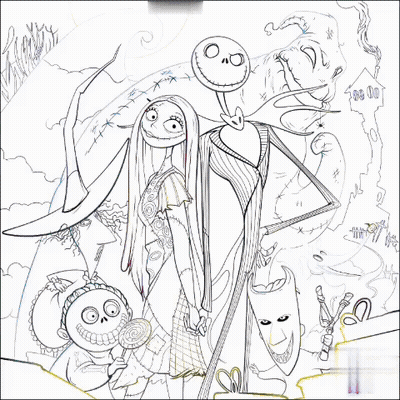 A Poster For The Nightmare Before Christmas Shows Jack Skellington And Sally Standing Next To Each Other GIF