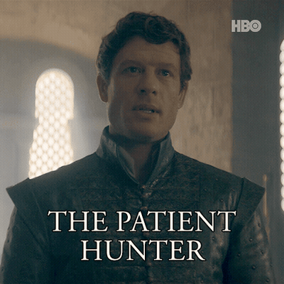 A Poster For The Patient Hunter With A Man In A Leather Jacket GIF