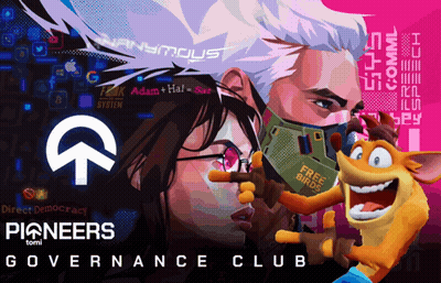 A Poster For The Pioneers Governance Club Shows A Man And Woman GIF