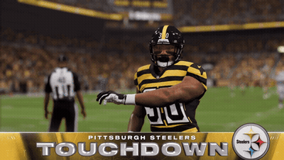 A Poster For The Pittsburgh Steelers Touchdown Showing A Football Player GIF