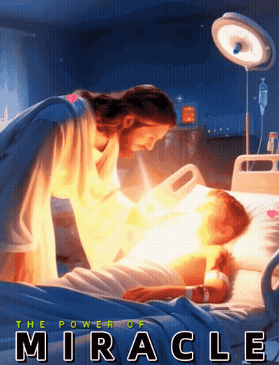 A Poster For The Power Of Miracle Shows Jesus Touching A Child In A Hospital Bed GIF