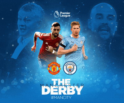 A Poster For The Premier League Derby Featuring Manchester United And City GIF