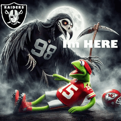 A Poster For The Raiders Shows Kermit The Frog Laying On The Ground Next To A Grim Reaper GIF