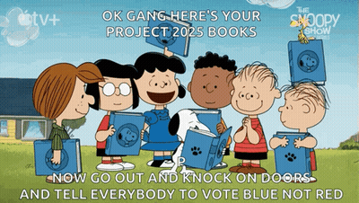 A Poster For The Snoopy Show Shows A Group Of Children Holding Books GIF